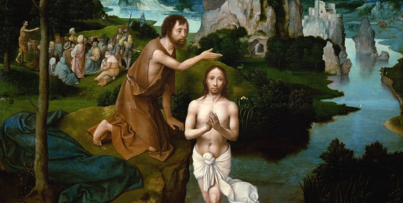 I evangelierne døber Johannes Døberen alle, der kommer til ham, i Jordanfloden. Også Jesus blev døbt af Johannes, som dette maleri af Joachim Patinir illustrerer.